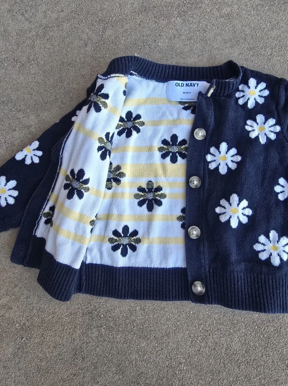 Old Navy Girl's Navy Daisy Knit Cardigan with White & Yellow Flower Accents